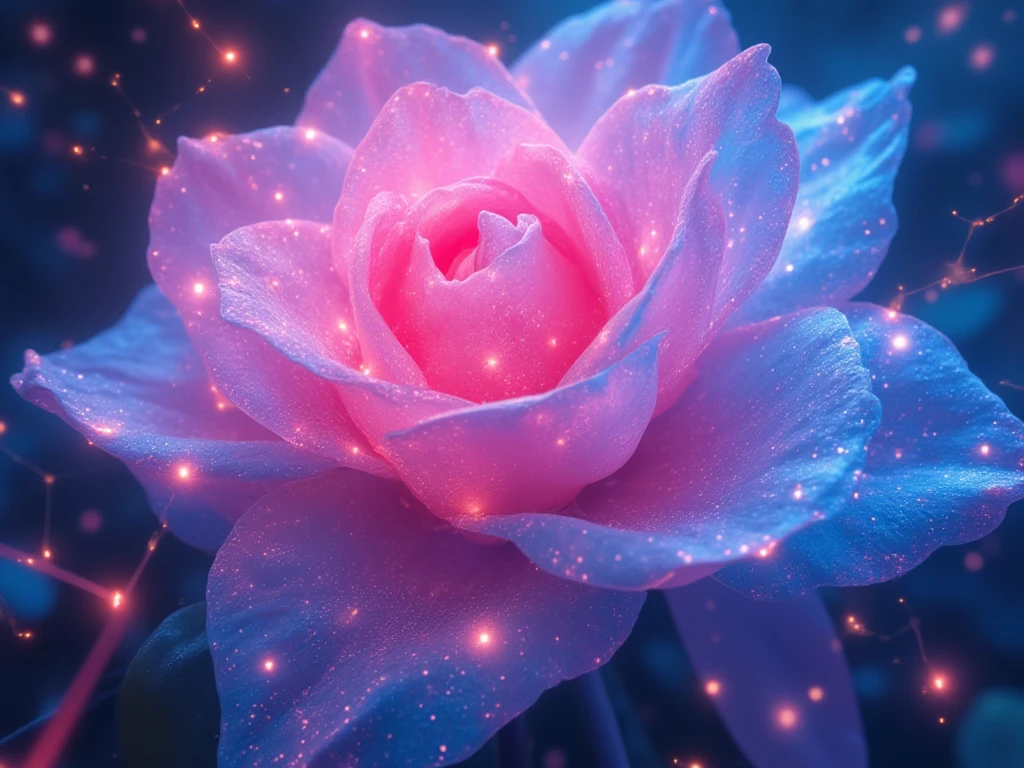 vibrant and abstract flower takes center stage, Colorful, abstract lines and routes create a vibrant map overlay, symbolizing connectivity and direction in logistics and transportation planning,transitioning seamlessly between shades of blue and pink,high detailed texture of the petals .composition captures a close-up view, focusing on the gentle curves of the petals and the glistening highlights of the droplets. futuristic overlay design introduces minimalistic circuit patterns and glowing lines, ultra-detailed textures and photorealistic rendering are complemented by soft bokeh background, emphasizing the flower's ethereal beauty. This artwork combines Fantasy Realism and Digital Art, using Glazing and Macro Photography techniques to create captivating and unique visual experience.