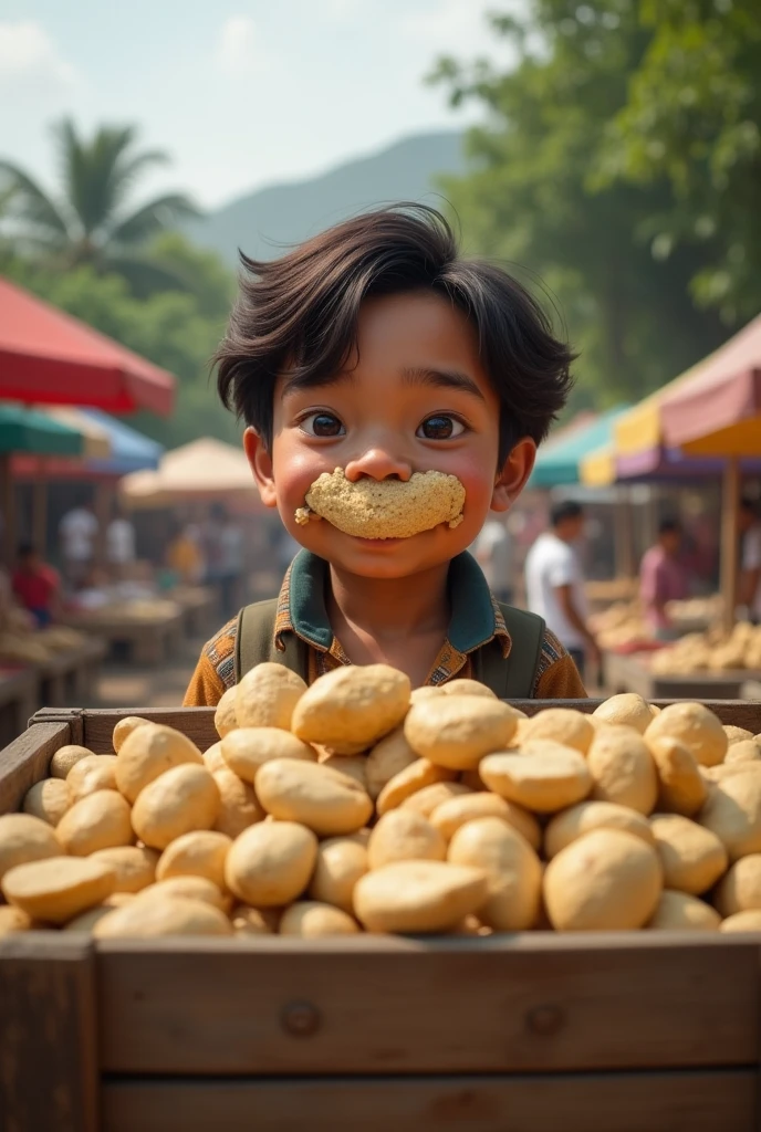 A  boy making a big ram out of mango  on road, people are watching