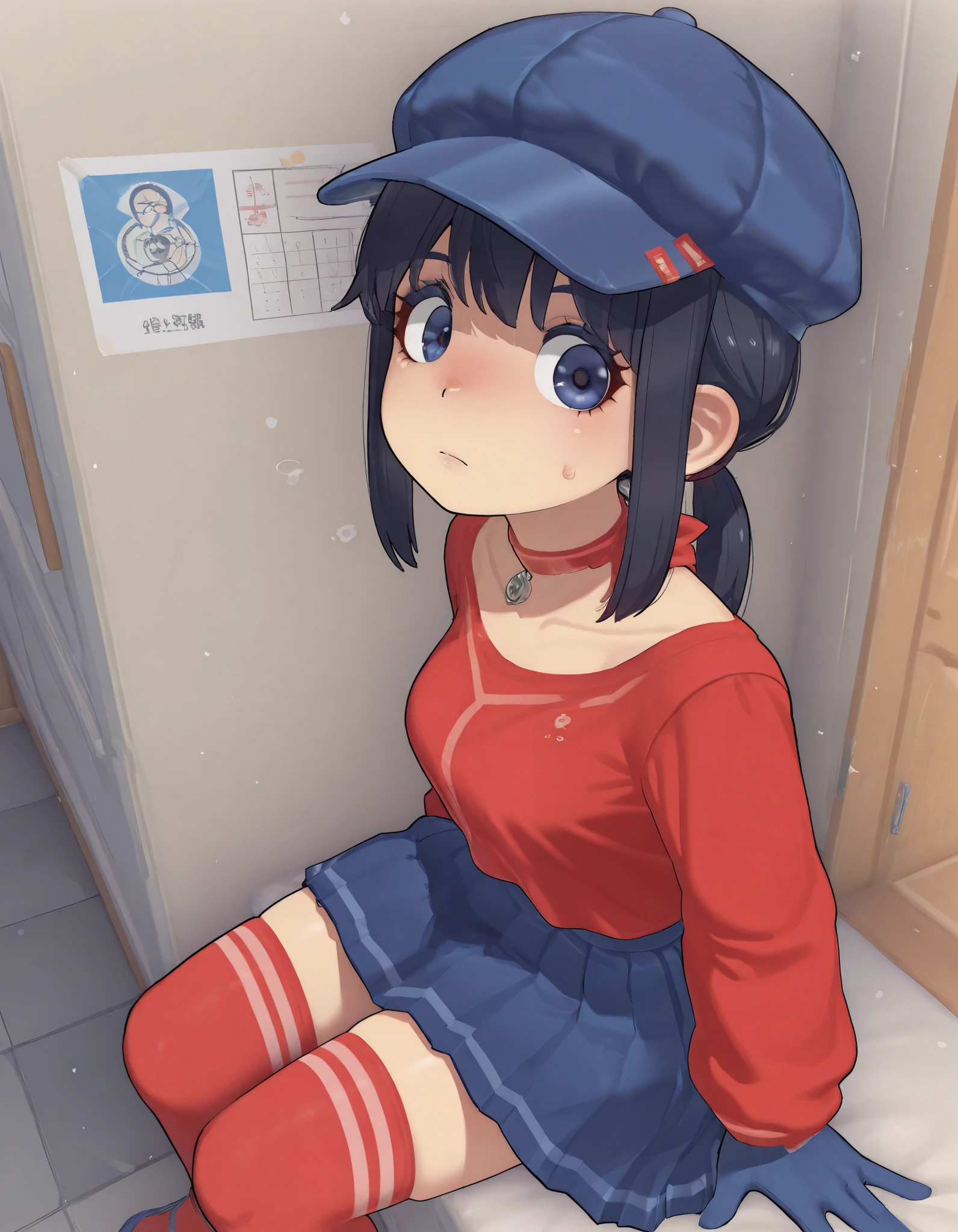 score_9, score_8_up , score_7_up , score_6_up , very perfect, 1, score_9, CoolMita, 1girl, hat, gloves Blue cap, red shirt, blue pleated skirt, red thighhighs, ponytail,  masterpiece ,  best, G breasts quality , 8k,  High resolution ,  aesthetically pleasing ,  dark haired ,  ((Foto em ângulo baixo、Olhando para a câmera: 1,22, Inclinando-se para frente, (Cute),(Mizumizuni)