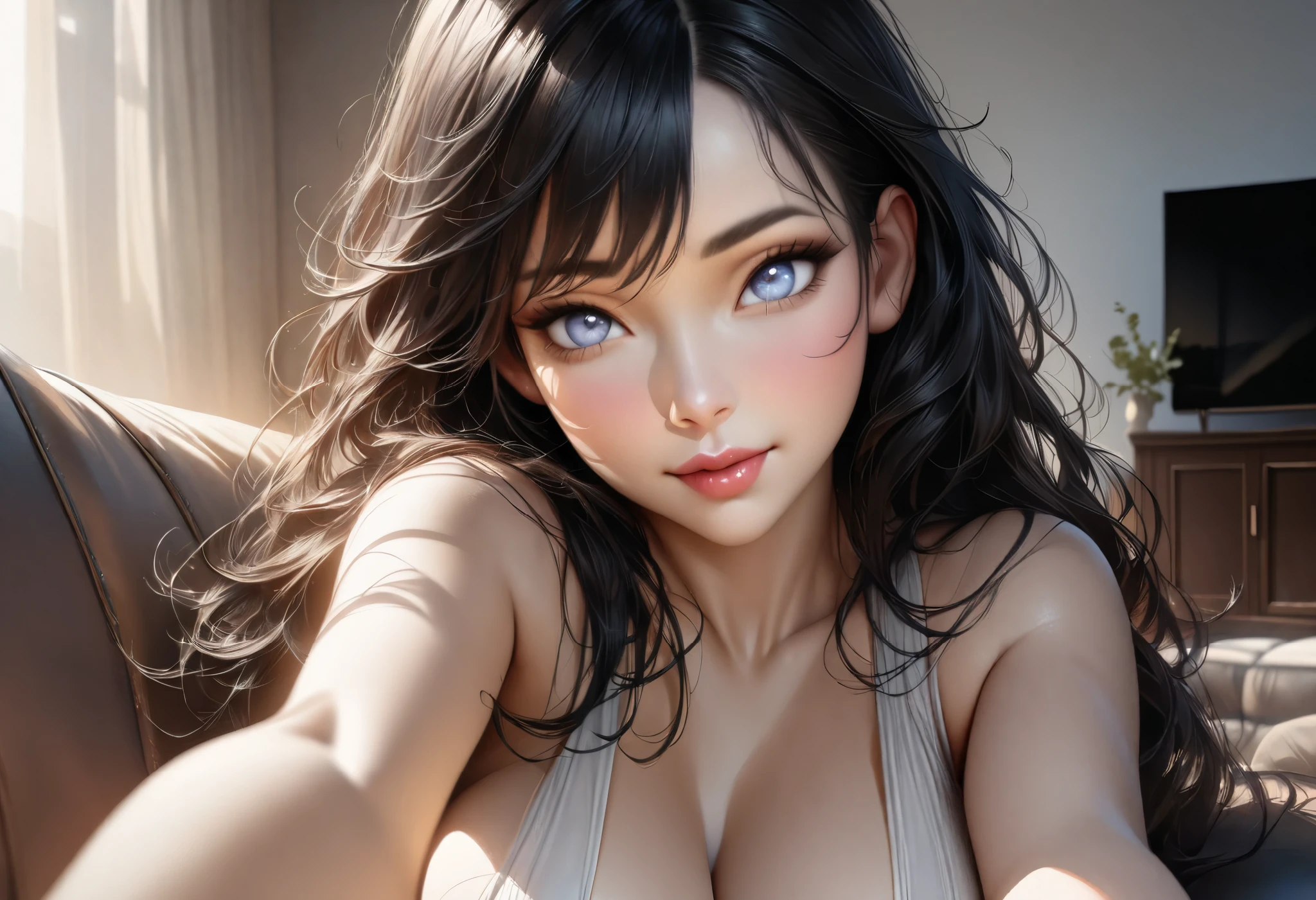 a view from above, full body, thick curly hair, lustful eyes, open mouth smile, aroused 25 years old, playfully aroused, dripping with desire, busty cleavage, low cut spaghetti strap tank top , shorts, slim waist, lying down on her back comfortably on the sofa, coy smile with open parted lips, (blushing:1.3), looking lovingly at the viewer, seductive eyes, facing the viewer, livingroom background, lying down (pov), glowing eyes, necklace, earrings, nsfw,