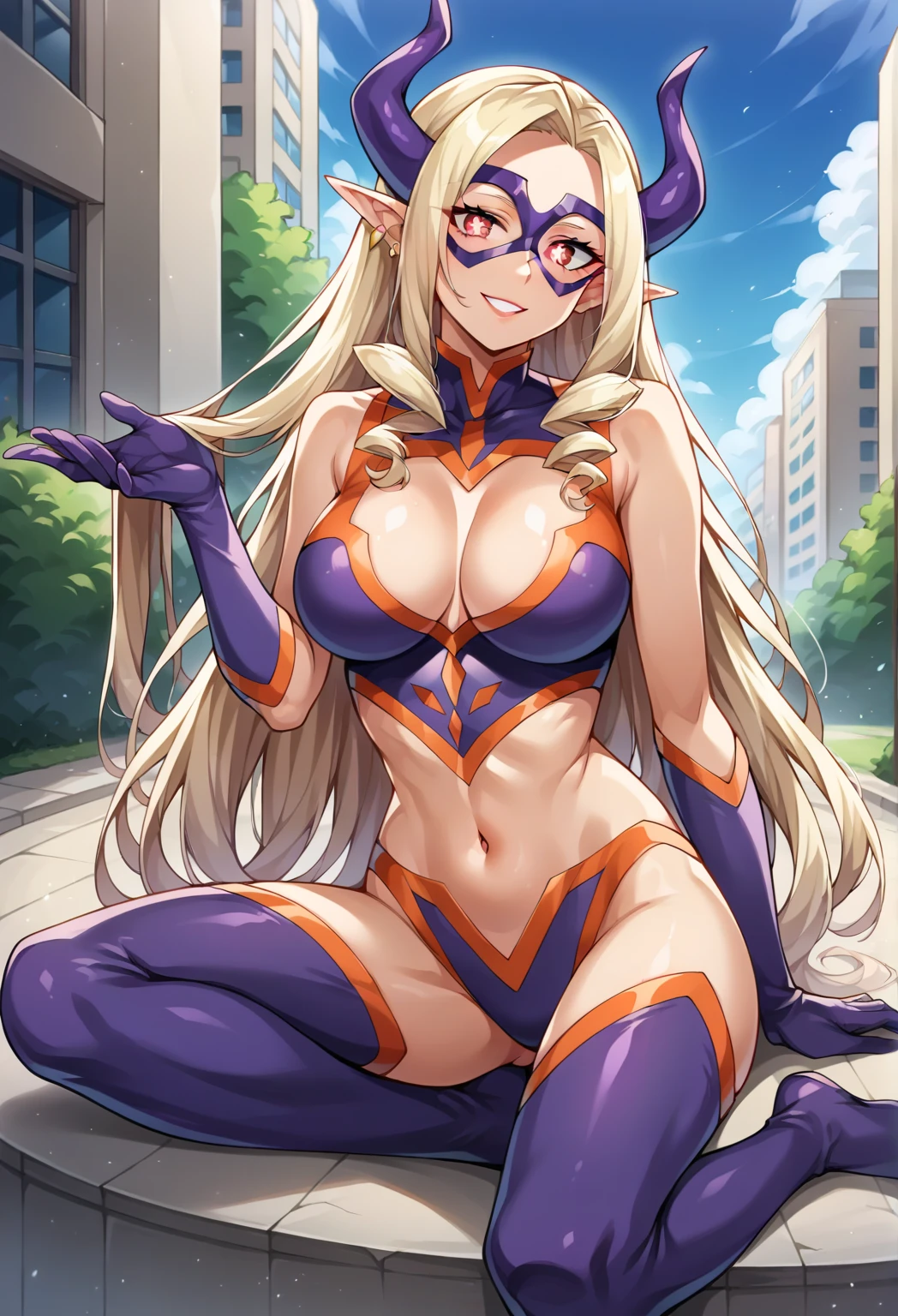 1girl, mount lady, boku no hero academia \\\\\ masterpiece, best quality, very aesthetic, absurdres, newest \\\\\\ sportive body, \\\\\\ by dodok, ///// blonde, purple eyes, ,nude,naked, ,big tits, nice ass, onsen, outdoors, sunset, sun, steam, lying on stomach,horny smile