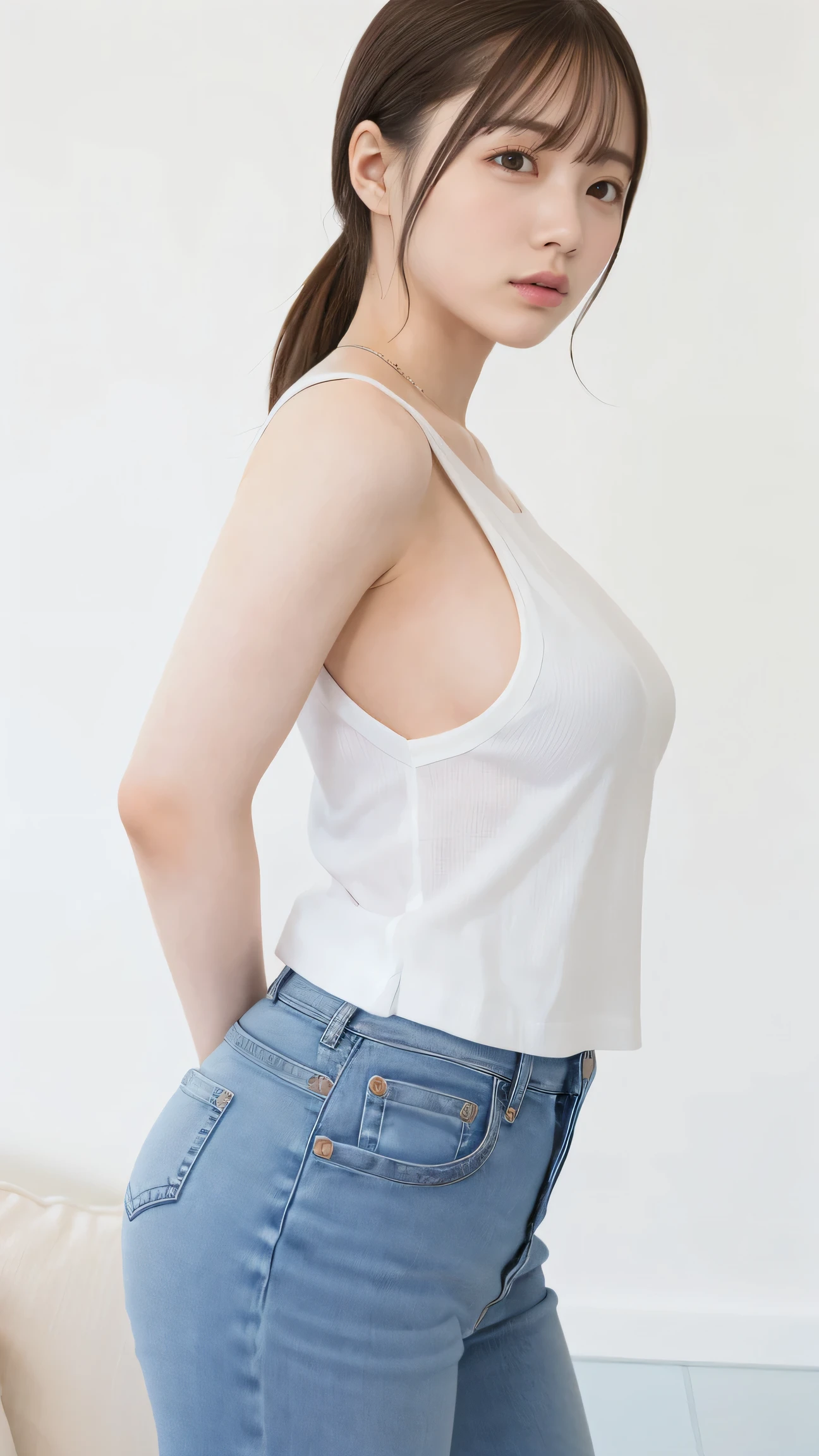 Masterpiece,  best quality ,  from the side 1 girl , white room in the center 、（blue denim pants）、 white t-shirt 、 shoulder shot 、（: Macro）