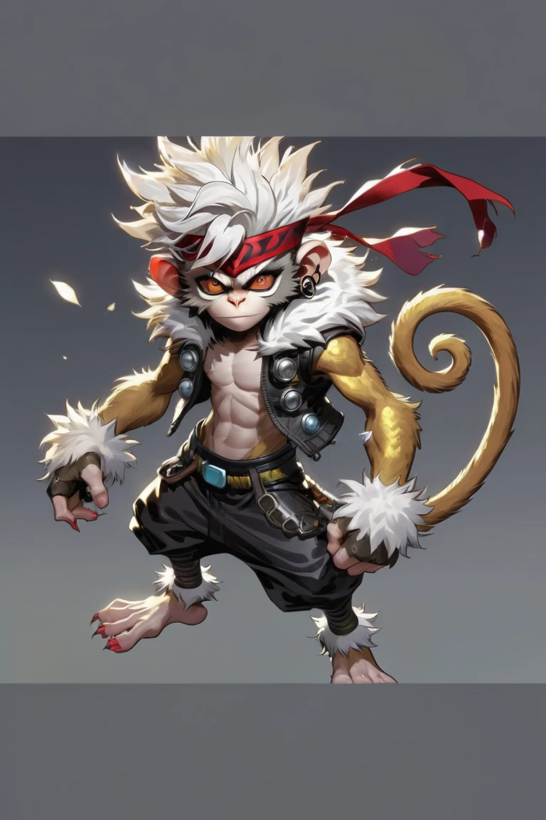 digital style full body action pose art with vivid digital colors Anime-DC-Comics-Black-Myth-Wokumg, Young silver monster monkey Cyborg, thin and short, fur all over body, combed mohawk hair showing forehead back with face furry monkey ears and tail, silver eyes, expression, claws on hands and feet, monk clothing with fur hood, large bare feet,, with tight-fitting red acrylic armor