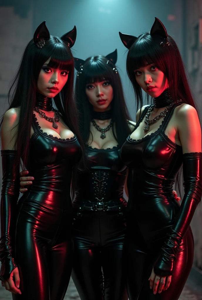 three sexy women in goth outfits, flirtatious smiles, on bed, flirtatious smiles, close up faces portrait, sunglasses, black lipstick, various hair colors