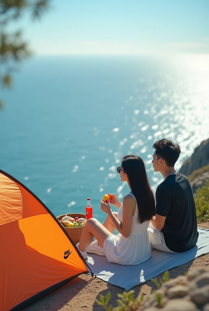 I'm having fun with my girlfriend in a tent by the lake.