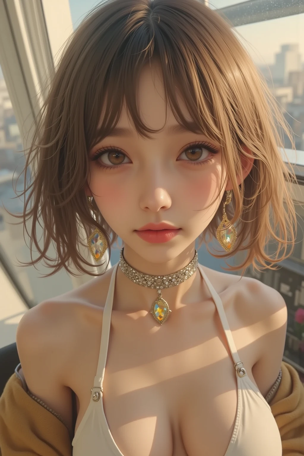 Mikako_Kouda, 1girl,baby bangs,blunt bangs,pixie bangs,blonde hair,brown eyes,curly hair,earrings,eyelashes,hairclip,heart hair ornament,makeup,pouty lips,red lips,smile,solo,twintails