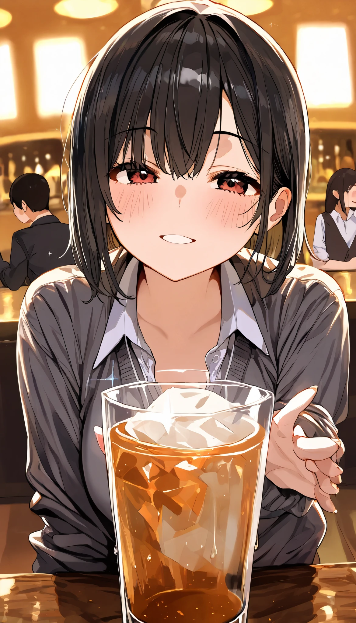 masterpiece, best quality, very aesthetic, absurdres, newest, 1girl, asymmetrical bangs, tareme, 1girl, solo, 1boy, solo, young woman, brown hair, long hair, brown eyes, smiling, drinking beer, young man, black hair, short hair, surprised expression, casual clothes, izakaya interior, tables, chairs, beer mugs, joyful mood, lively atmosphere, front view, full body