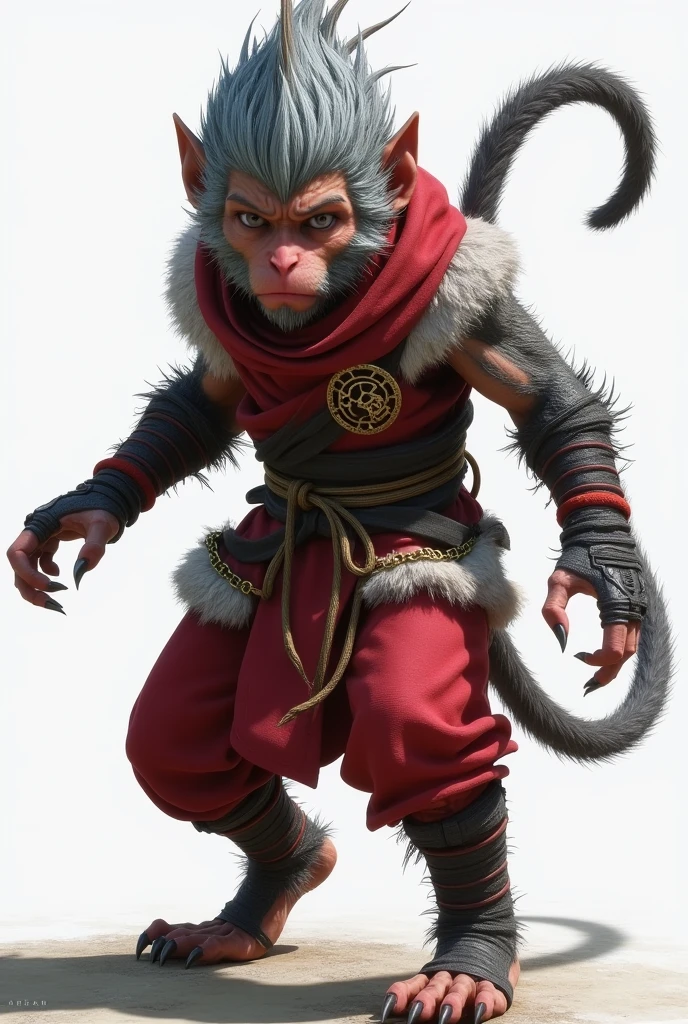 digital style full body action pose art with vivid digital colors Anime-DC-Comics-Black-Myth-Wokumg, Young silver monster monkey Cyborg, thin and short, fur all over body, combed mohawk hair showing forehead back with face furry monkey ears and tail, silver eyes, expression, claws on hands and feet, monk clothing with fur hood, large bare feet,, with tight-fitting red acrylic armor