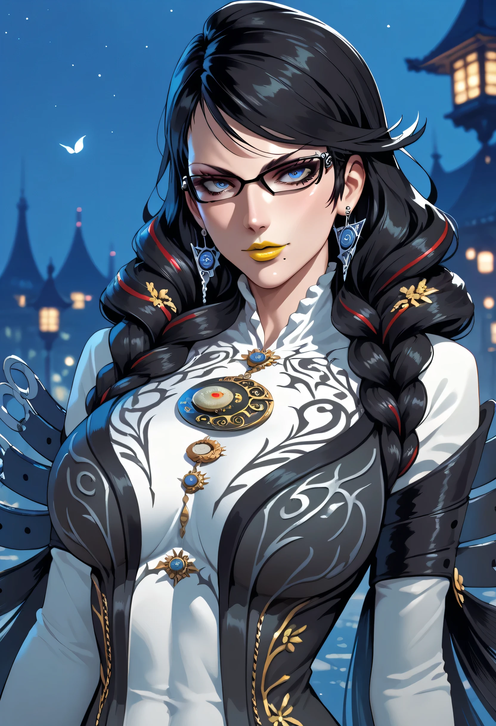 woman, big breasts, yellow lipstick, anime style, blue eyes, black hair, white skin, night, straight hair, loose hair, Bayonetta 