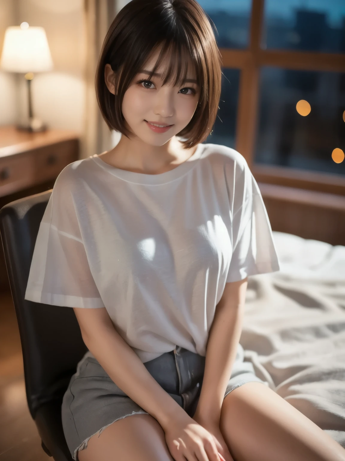 best quality, face focus, soft light, (depth of field) ,ultra high res, (photorealistic:1.4), RAW photo, (moody lighting, night:1.2), bedroom,
(upper thigh:1.4)
1japanese girl, solo, cute, kawaii, (shy, smile:1.1), (brown eyes), natural face, (short hair),
(sit on gray linen chair)
BREAK
(white naked oversize t-shirt:1.2)