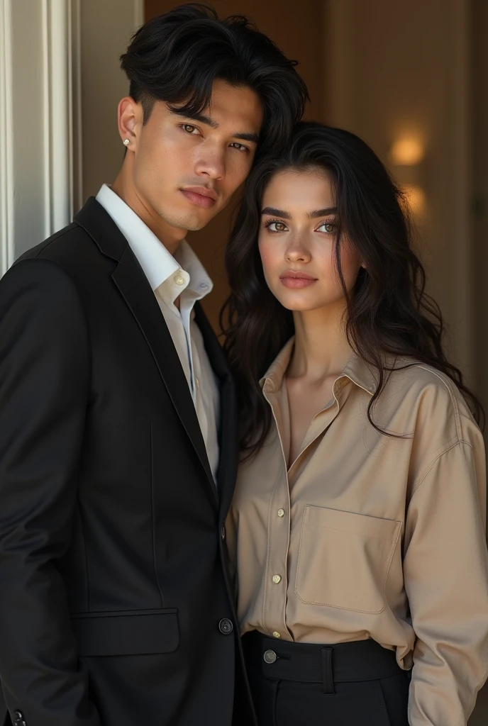 Create an image of a tanned woman without makeup with long hair,smooth and very black ,brown eyes,freckles only on the cheeks and nose and a medium sized mouth. She must be wearing a long green dress with puffed sleeves and a black corset and a man with white skin and a strong body covered by a white long-sleeved shirt.,marked jaw, he is tall and has light brown hair and NO BEARD ,must be leaning it against the wall