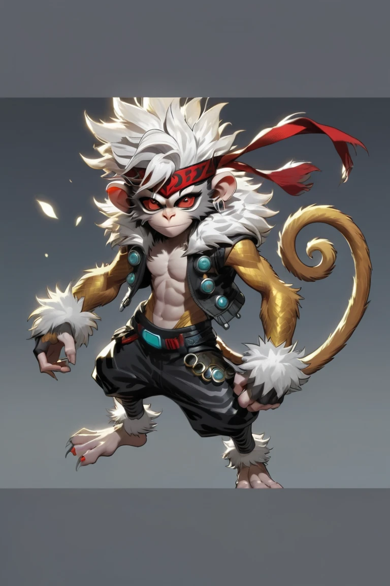 digital style full body action pose art with vivid digital colors Anime-DC-Comics-Black-Myth-Wokumg, Young silver monster monkey Cyborg, thin and short, fur all over body, combed mohawk hair showing forehead back with face furry monkey ears and tail, silver eyes, expression, claws on hands and feet, monk clothing with fur hood, large bare feet,, with tight-fitting red acrylic armor