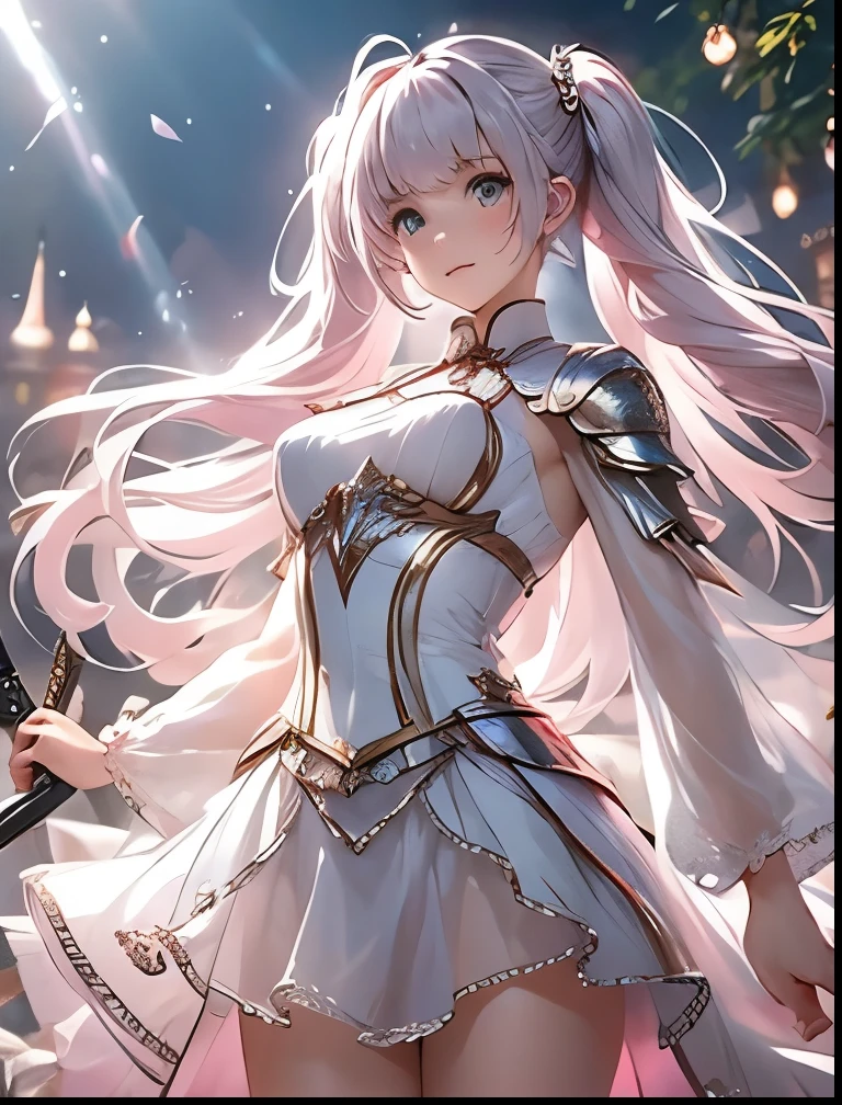 (((SFW、Precision、Highest quality、A first-class masterpiece、Normal body、8k、 Detailed Face 、Ultra-precision、 Normal hand、5refer to、Highest)))、" I said my abilities were average"、Miles、 Adele Von Askam 、Pink silver hair、Warm Beautiful Girl 、 Slender 、 twin tails、Magic Swordsman、 soft smile 、 word、sheer see-through clothes