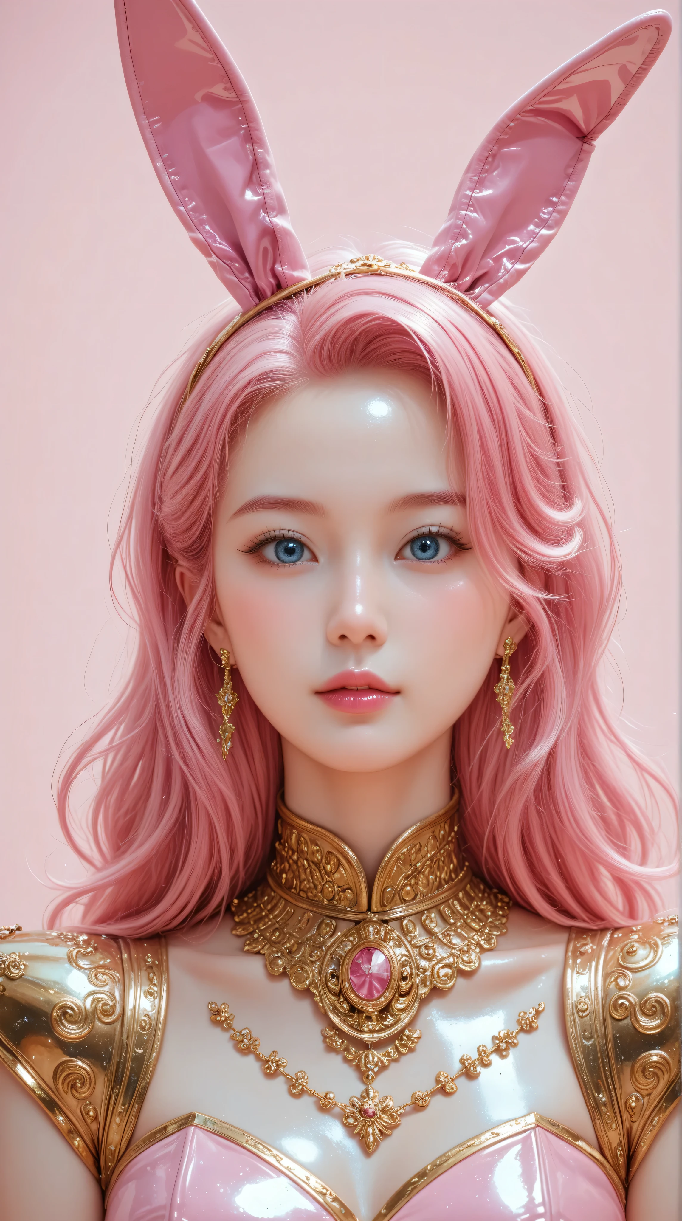Kizi girl,Highly detailed, Amazing work,Vitreous luster,((clean backdrop)),In gold,(((pink))),blues,Best quality at best,clean backdrop, shiny skin, ((best quality)), ((masterpiece)), (detailed), perfect anime, young korean bunnygirl, portrait, surreal, in the illustrative style of moebius, spaceships, aliens, fantasy, sci-fi, graphic novel, line drawing, french retro, extravagant, ornate, royal clothing, regal, aristocrat, colorful background,