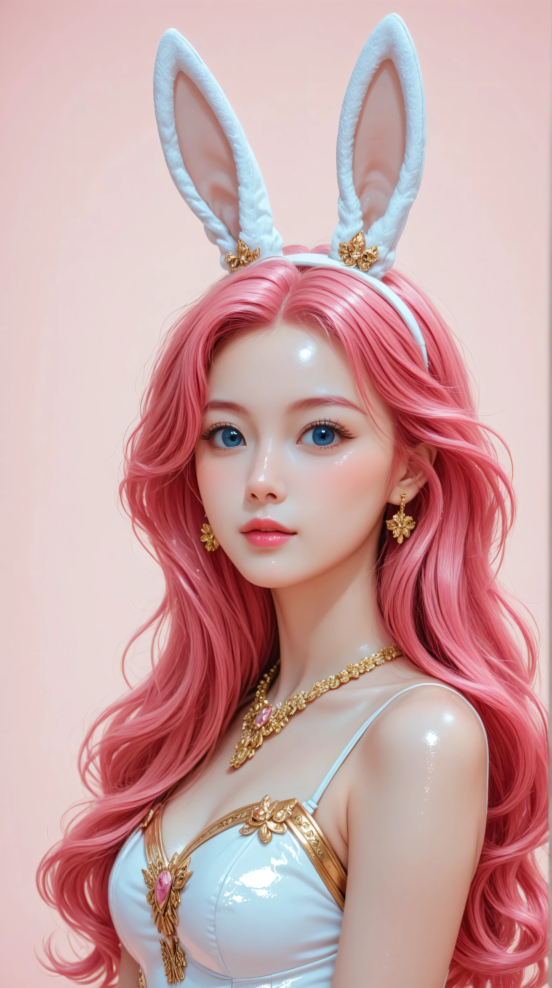 Kizi girl，Highly detailed, Amazing work，Vitreous luster,((clean backdrop))，In gold，(((pink)))，blues，Best quality at best，clean backdrop, shiny skin, ((best quality)), ((masterpiece)), (detailed), perfect anime, young korean bunnygirl, portrait, surreal, in the illustrative style of moebius, spaceships, aliens, fantasy, sci-fi, graphic novel, line drawing, french retro, extravagant, ornate, royal clothing, regal, aristocrat, colorful background, 