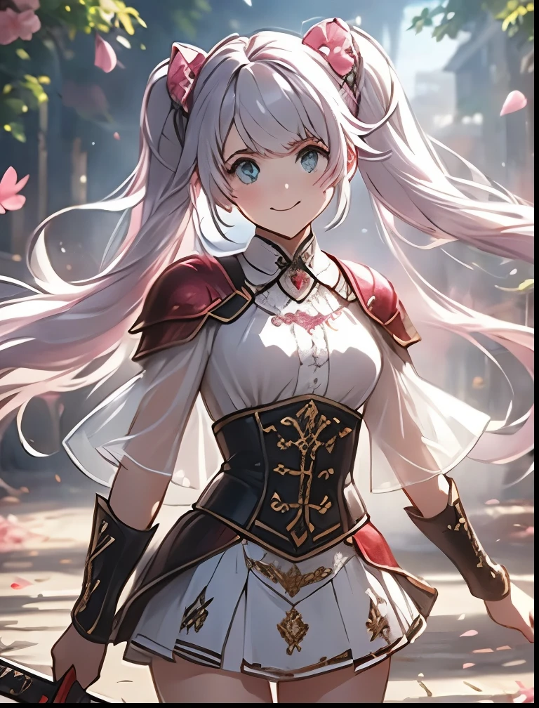 (((SFW、Precision、Highest quality、A first-class masterpiece、Normal body、8k、 Detailed Face 、Ultra-precision、 Normal hand、5refer to、Highest)))、" I said my abilities were average"、Miles、 Adele Von Askam 、Pink silver hair、Warm Beautiful Girl 、 Slender 、 twin tails、魔法sword士、 soft smile 、See-through mini skirt、sword、see-through clothes