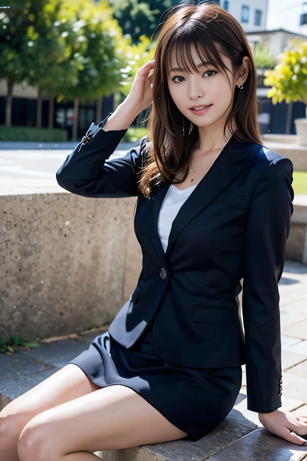 Woman in a suit standing on the sidewalk,((25-year-old woman))、Big Breasts、Dark brown hair color、Hairstyle with bangs、Various hairstyles、Hairstyles of different lengths、(8k, RAW Photos, highest quality, Tabletop: 1.2),、(Realistic, Realistic: 1.3), Cityscape,office district, Day, Sunny Morning, Professional Lighting, Photon Mapping, shirt, (Woman in a suit:1.1), ((dark Blazer:1.2))、dark A-line skirt、(dark Tight Skirt:1.3)、(high socks), necklace, ((Delicate photo)),(Detailed RAW Photos of Girls), (Tabletop:1.25), (highest quality:1.3), (high resolution:1.4), (Realistic:1.75), 8k resolution, Canon EOS R5, 50mm, absurdes, Ultra-detailed,Cinema Lighting, (Skirt Lift:1.4)、nsfw、smile、(race white panties:1.2), Skirt flipped up、(full body shoto:1.1), (all body:1.2)