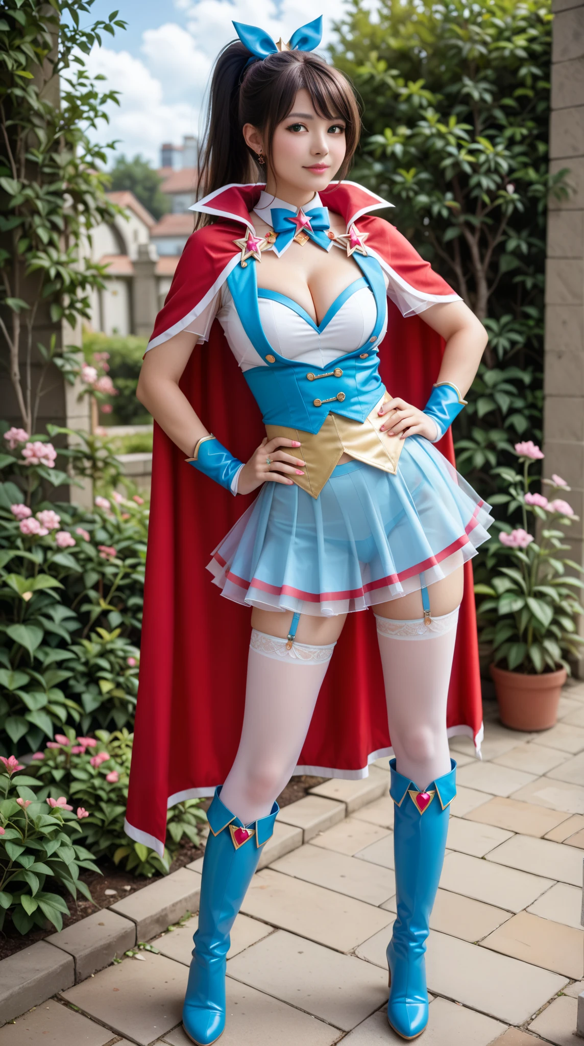 (8k、RAW Photos、Highest quality、masterpiece:1.2)、(Realistic、Realistic)、1 person、((See-through、Black and light blue、ponytail、Cape、Magical Girl Costumes、Cleavage、tights、Garter Ring、mini skirt、Thin legs、boots、View from the front、Looking into the camera、garden、Stand with hands on hips))、cute