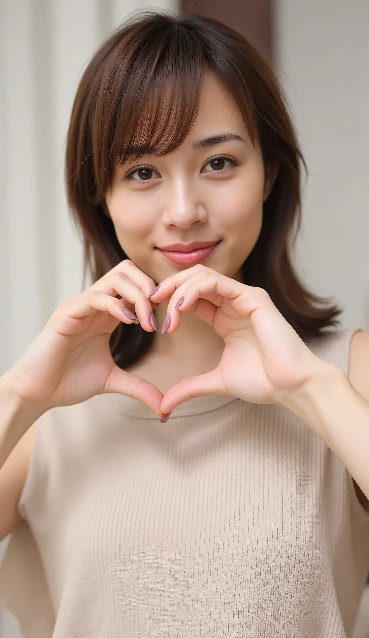 She wears an attractive camisole and poses with her hands in front of her chest in the shape of a heart、 Cute Smile Up、 The background is plain、 HD、細部にわたって HD