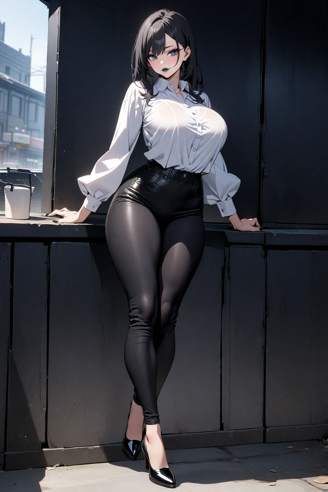 a girl, curvy body, beautiful face, beautiful eyes, long black hair, (black turtleneck sweater, black long pants, black blazer, high heels shoes), perfume shop background, perfect hands, perfect fingers, high quality picture, high resolution, very detailed, 8k resolution
