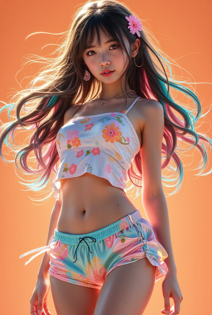 18 year old girl with perfect face and big breasts, cute clothes, slim and slender physique. The skin has detailed and highly detailed eyes (1.1 emphasis), very detailed skin texture (1.1 emphasis). slender necklace, model photo style, photorealistic, skin texture is real human skin texture, detailed skin pores, intricate details, eyes very detailed, colorful hair and colorful dress, rossdraws pastel vivid, artgerm colorful!!!、! Dream Art Germ, Very Detailed Art Germ, From the knee up, little smile, cute pose, sexy mouth, crotch open, jump: 2, soft belly,