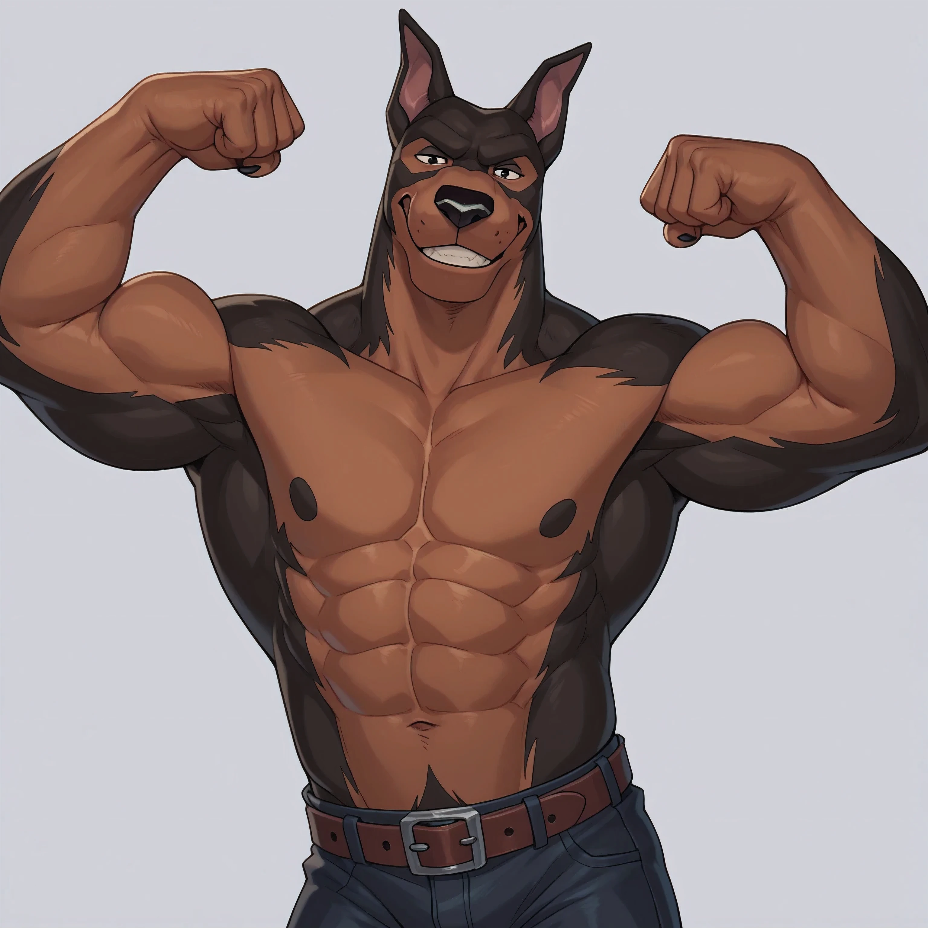 BusterLT, furry, anthro, anthro body, canine, doberman, black eyes, black nose, black body, black fur, brown body, brown fur, two tone body, two tone fur, pink inner ear, solo, athletic build, muscular, muscles, ((flat colors, no shading)), simple background, detailed, posing, looking at viewer, smile, strong posture, shirtless, bare chest, belt, pants, muscular neck, half body, half view, strong pose, flexing biceps, flexing muscles, grin