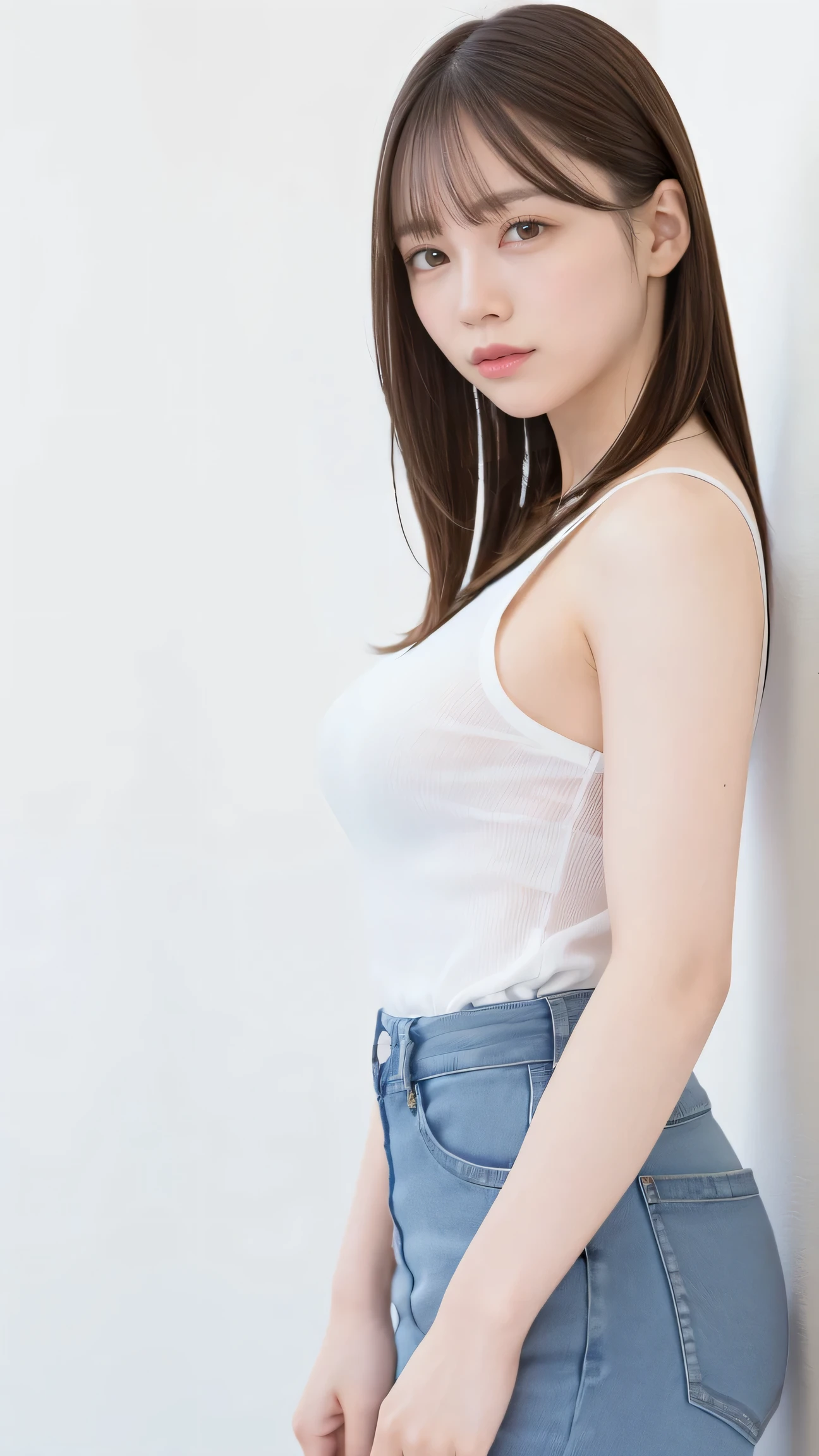 Masterpiece,  best quality ,  from the side 1 girl , white room in the center 、（blue denim pants）、 white t-shirt 、side view