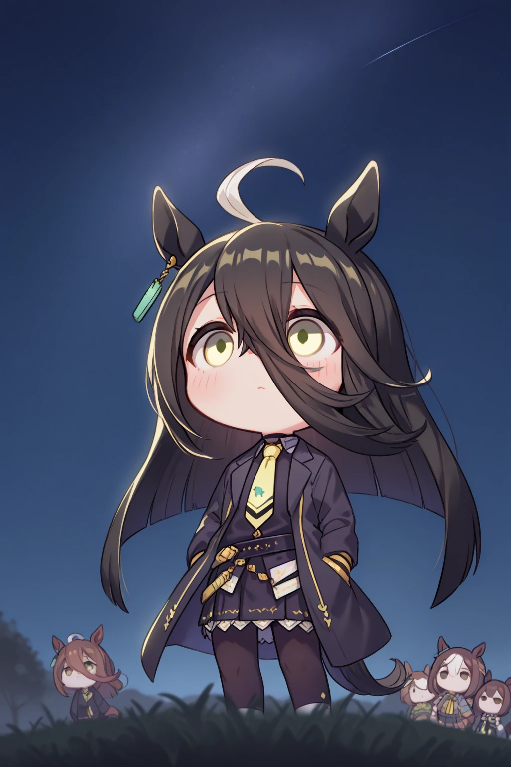 (  Highest Image Quality ),(  high resolution ),(  Uma Musume, Manhattan Cafe  ),(  black suit,Yellow tie, black miniskirt 、 black tights ),(  chibi ),( whole body ),((  stargazing 、night、 staring at the sky )),(Silence,quiet,Calmness)