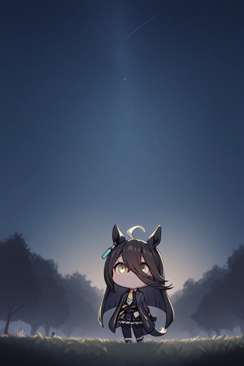 (  Highest Image Quality ),(  high resolution ),(  Uma Musume, Manhattan Cafe  ),(  black suit,Yellow tie, black miniskirt 、 black tights ),(  chibi ),( whole body ),((  stargazing 、night、 staring at the sky )),(Silence,quiet,Calmness)