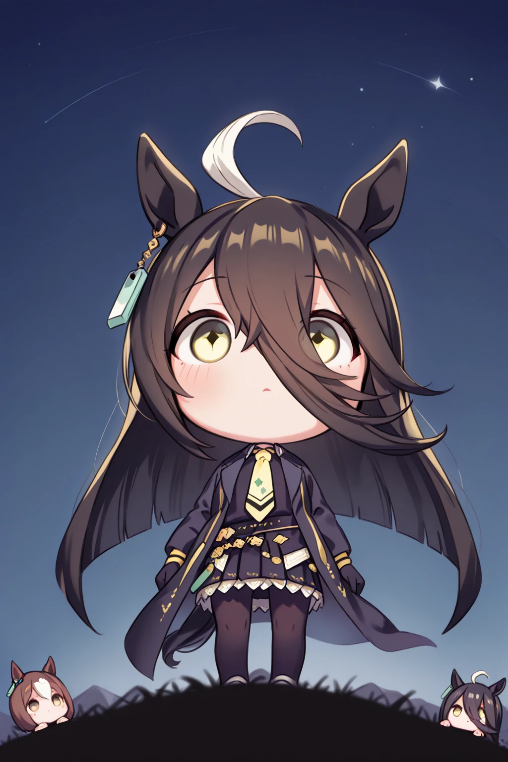 (  Highest Image Quality ),(  high resolution ),(  Uma Musume, Manhattan Cafe  ),(  black suit,Yellow tie, black miniskirt 、 black tights ),(  chibi ),( whole body ),((  stargazing 、night、 staring at the sky )),(Silence,quiet,Calmness)