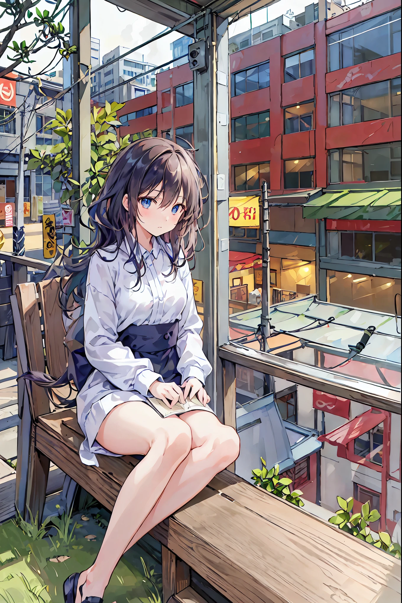 (1) sitting alone on a long train seat,Sit with your legs apart,Showing white panties, Composition from the front,Low Angle,
(2) I'There is a JK, She is wearing a miniskirt uniform, Sailor suit and loose socks.,
(3) I have medium length brown hair,
(4) Provocative, smirking expression.,
(5) The location is a long seat on the Yamanote Line at night..,There are no other customers,The view outside the window is the night view of the city.