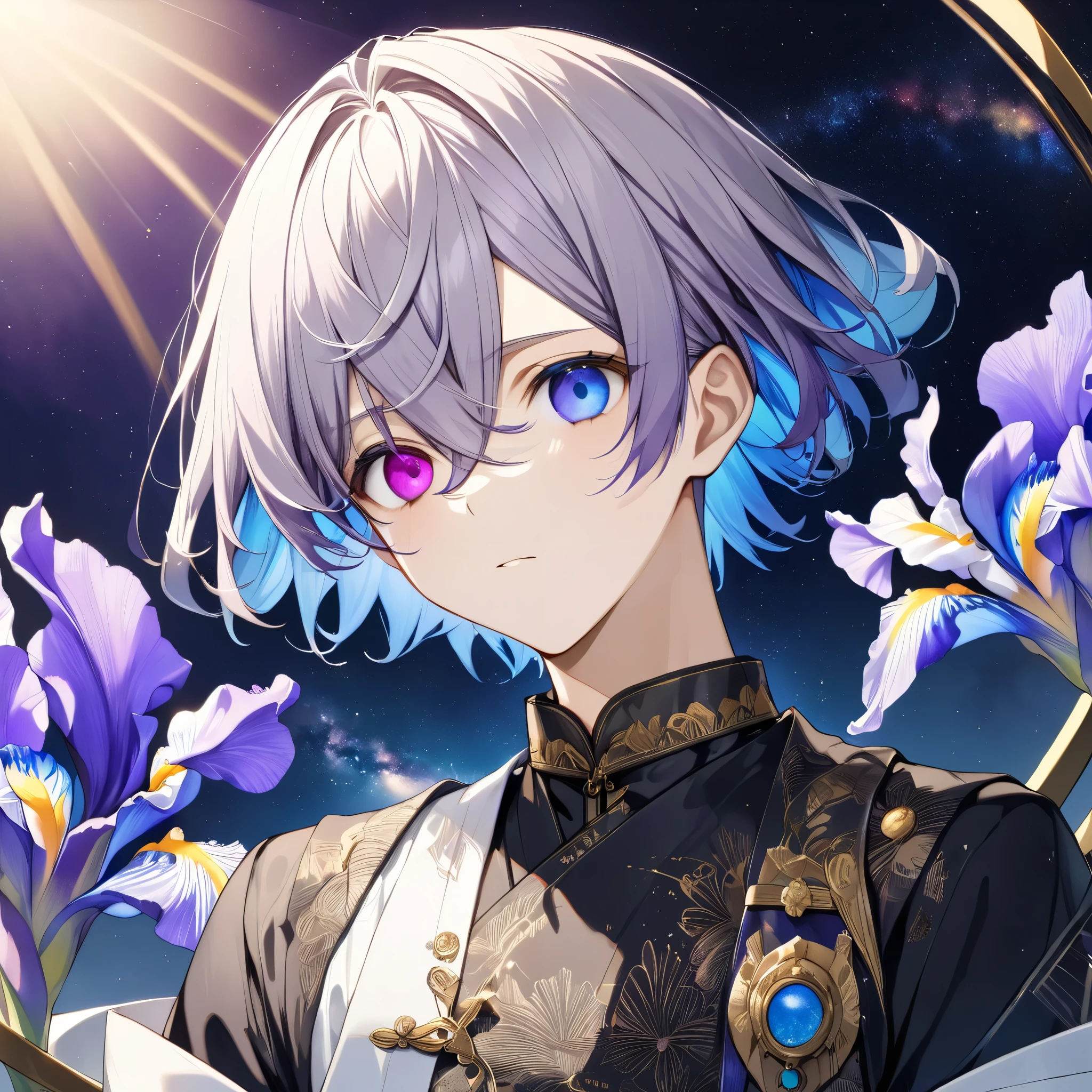  fresh illustration ,
Superfine painting,
 very delicate illustration ,
 Very fine details ,
Picture of only one boy ,
Height: 158cm,
 white skin,
((((( complete iris heterochromia where the right iris is purple and the left iris is blue))))),
 beautiful eyes,
 large black pupils ,
 short hair,
Gray Hair,
 hair roots are bluish ,
 The hair has gradation ,
 shiny hair with makeup,
Beautiful and cute face,
 since age 27,
 A small shiny rear wheel is on top of the head ,
 raised eyebrows ,
 and is wearing a kimono on the upper body in kimono,
Masculine physique,
 Six Pack,
 Super Skinny,
No boobs,
The color of the belt is black ,
Overall white clothes ,
 The design is tastefully embroidered with gold thread,
 fine fabric clothing ,
Isometric,
Golden Ratio,
god々 like atmosphere,
 The undershirt is indigo-colored with a stand-up collar,
 outer space ,
Milky Way,
Little Star々 upper body ,
 tactical use of shadows ,
 The ring on the head does not extend beyond the angle of view,
Hair doesn't stick out of the angle of view ,
 Bust Shots,