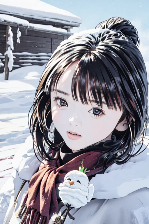 （masutepiece、Top image quality、４ｋ、８ｋ、）、It's snowing、Arms outstretched、Woman trying to grab snow、kawaii faces、Wearing a long coat、girl with：０．５、The sight of falling snow：０．５、Cinematic direction、Lighting with great attention to detail、A hand that pays attention to detail