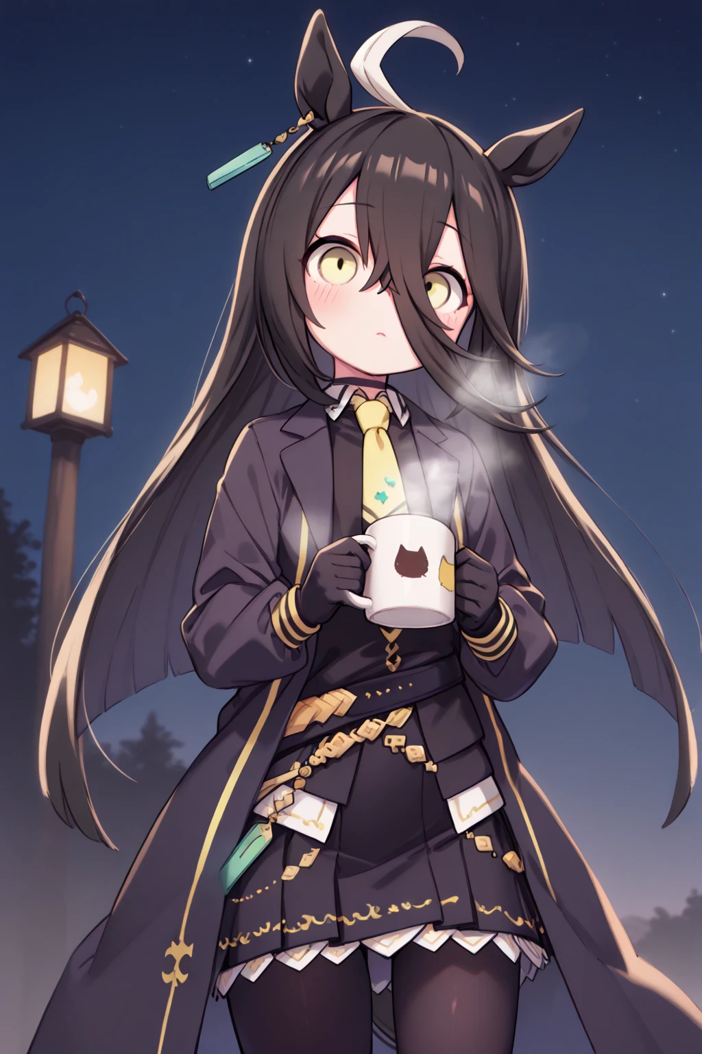 ( Highest Image Quality),( high resolution),( Uma Musume、 Manhattan Cafe ),(whole body),(Black clothes、 yellow tie, black miniskirt , black tights),(( stargazing 、night、Look at the sky)),(Holding a mug、 steam ),( lantern)