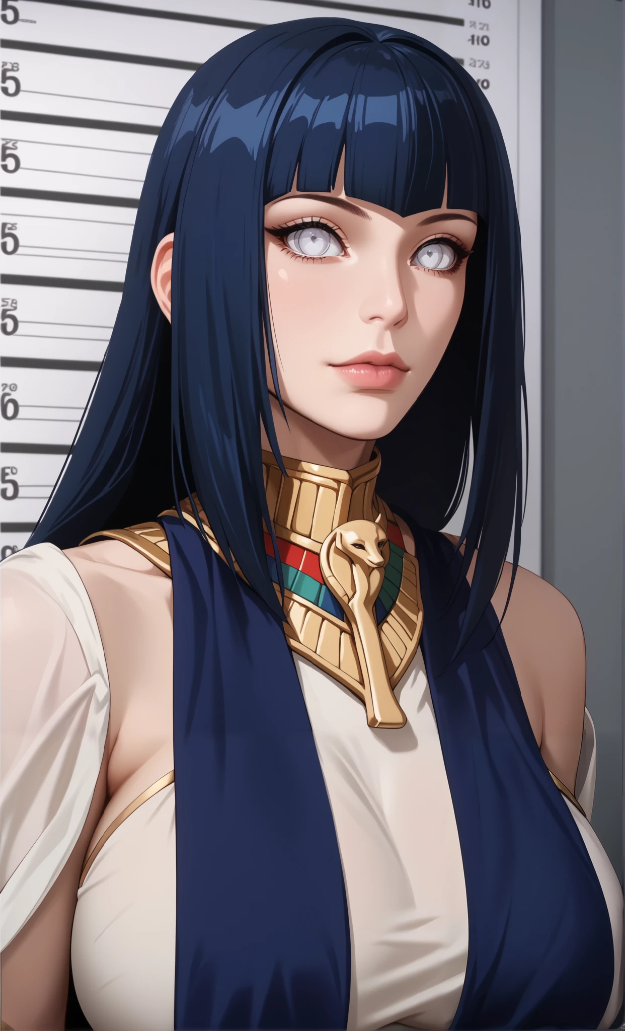 Hinata_Hyūga/Boruto, DARK BLUE HAIR, White EYES, LONG HAIR, BLUNT-BANGS HAIR. Score_10, Score_9, Score_8_up, Score_7_up, Score_6_up, Score_5_up, Score_4_up, Source_anime, Tag1, Tag2, Quality_masterpiece, Anatomically correct, Beautiful face, Perfect face, Highly detailed beautiful face and eyes, Attractive face, Detailed face, Delicate facial features, Gigantic Breasts, Huge Hips, Wide Ass, Hourglass Model Body, 4k, a portrait of an Lewd egypt goddes Of Sekhmet, intricate Goddes Of Egypt Civilization outfit, epic realistic, kit, aesthetic, cinematic, insane details, hyperdetailed, dimmed colors, muted colors, film grainy, slate, lut, spooky, vignette, At Her Throne, Sittin, mugshot, art by rutkowski, Assassin Creed Origins Game Universe.