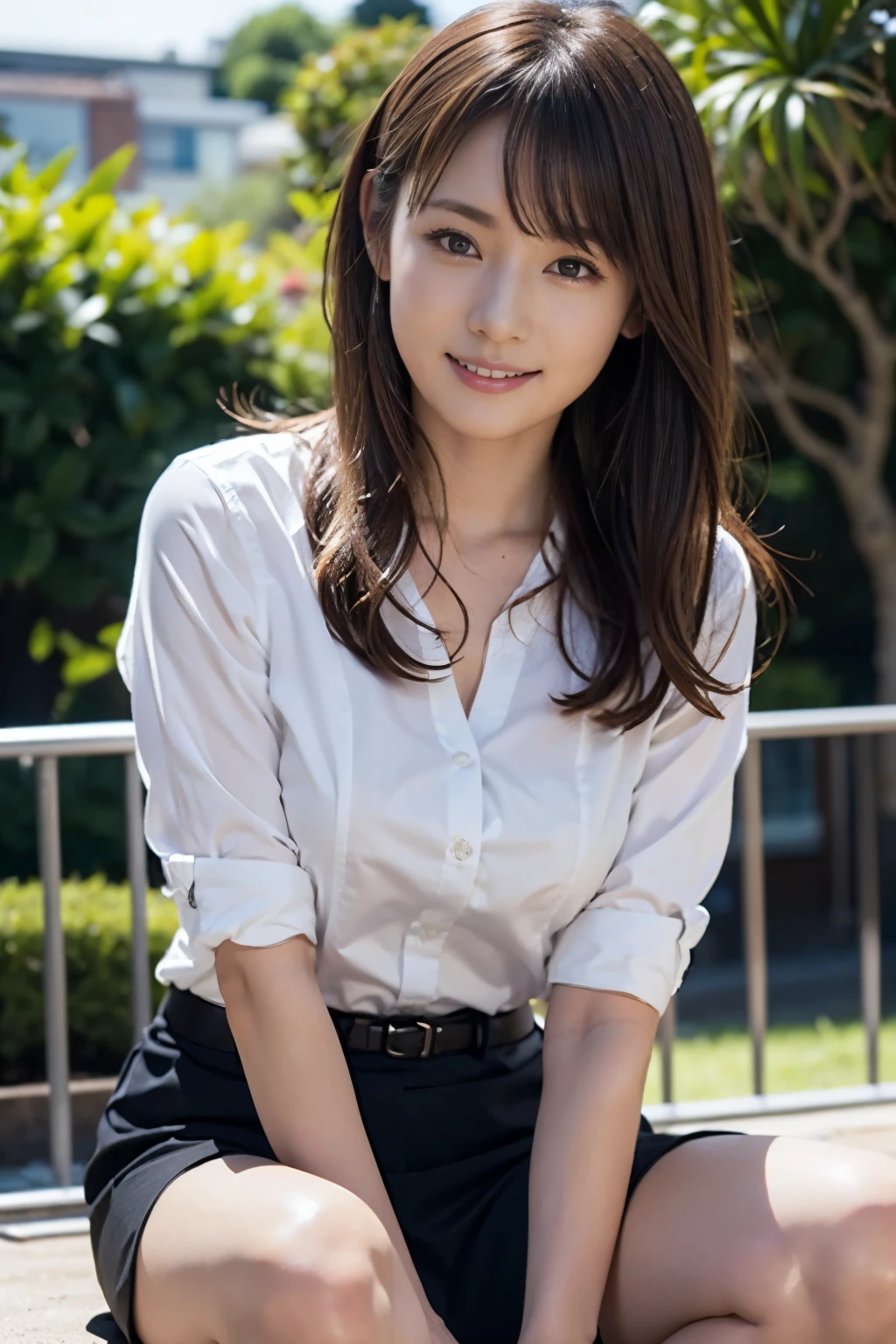 Arafed asian woman sitting on a bench in a white shirt and black skirt ...