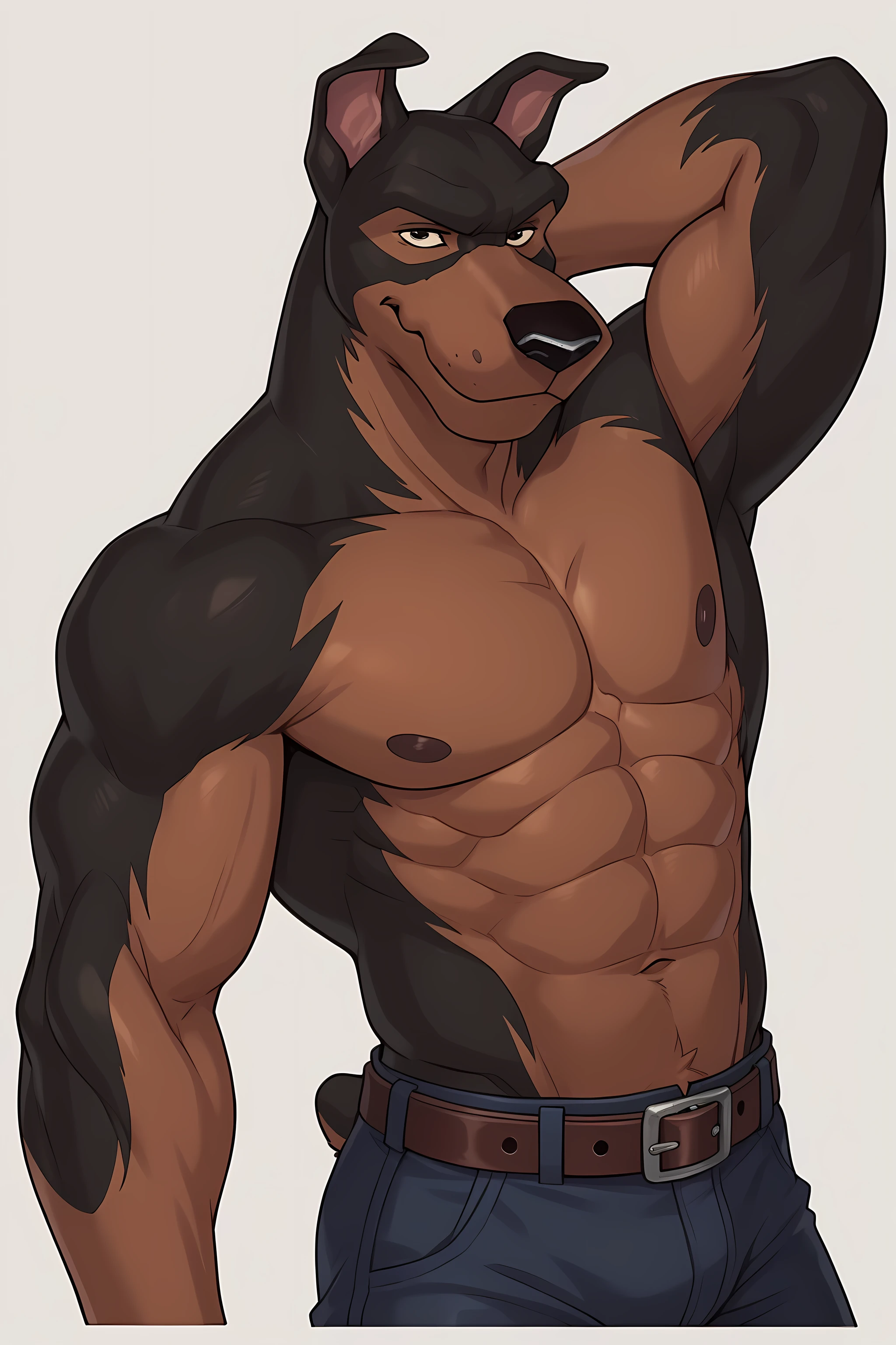BusterLT, furry, anthro, anthro body, canine, doberman, black eyes, black nose, black body, black fur, brown body, brown fur, two tone body, two tone fur, pink inner ear, solo, athletic build, muscular, muscles, ((flat colors, no shading)), simple background, detailed, posing, looking at viewer, smile, strong posture, shirtless, bare chest, belt, pants, muscular neck, half body, half view, hand behind head