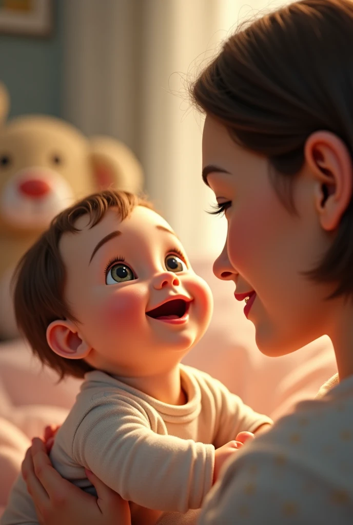 animated hand of a mother wiping the pink drool bib that a baby is wearing and the bib becomes clean