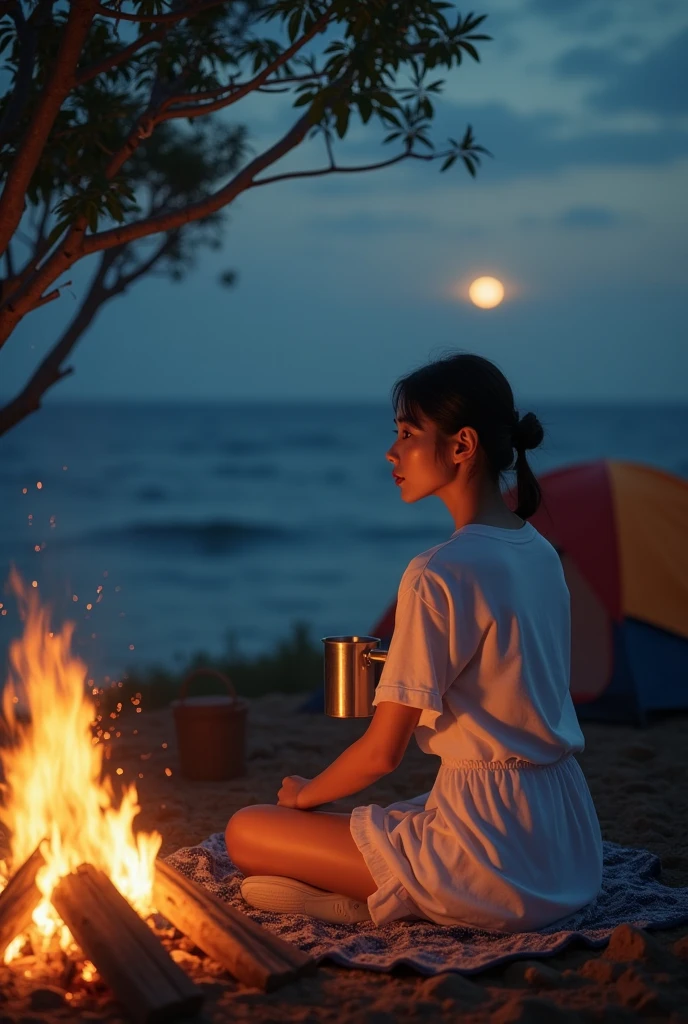 Lo-fi music anime illustration of a girl sitting on the beach at night watching a bonfire。The moon is reflected on the surface of the sea、It creates a calm and quiet atmosphere。The girl is relaxing in a camping chair、A gentle breeze makes me feel like time is passing slowly as my hair flutters.。The only light is from the moon and the bonfire