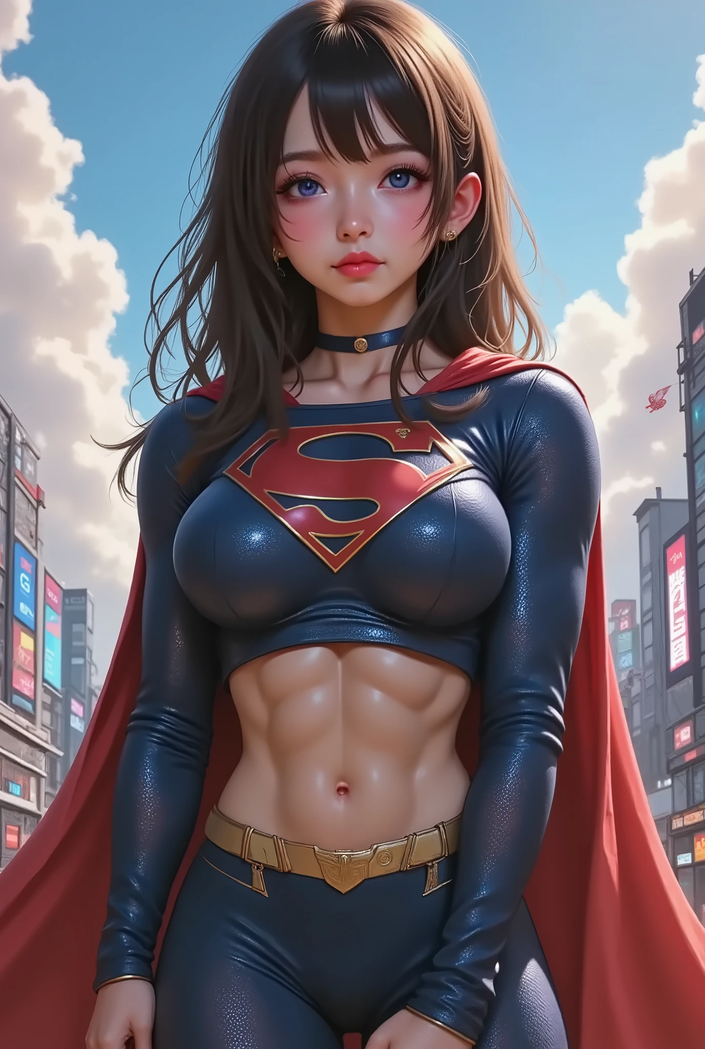 FULL VIEW OF A LIGHT BLUE EYED ASIAN SUPERGIRL, WEARING A SUPERGIRL COSTUME AND CAPE, STANDING POSE, streaked hair, BLUE eyes, colored eyelashes, puckered lips, textured skin, super detail, high details, high quality, best quality, 4K, 8k. TOKYO BACKGROUND.