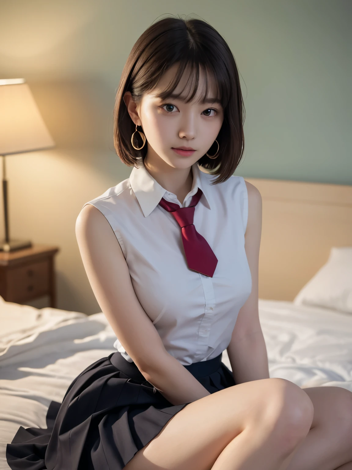 absurdres, RAW photo, extremely delicate and beautiful, masterpiece, Best Quality, ultra high resolution, 16k, hyperrealistic, ultra-detailed, perfect anatomy, super Detailed skin, perfect figure, Very detailed CG 8k wallpaper, in her 20s, very Slim body, narrow waist, very small head, very small face, delicate facial features, tearful mole, earring, thin legs, very huge round breasts, full body shot, short hair, wavy hair, light brown hair, 1 girls, sweat, school uniform, dress shirt,
