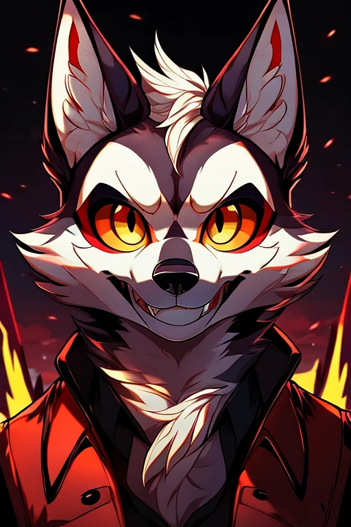 "Um Hellhound inspirado em um Husky branco, stylized in the universe of Helluva Boss . He has white fur with light gray details and bright red marks that add an infernal touch to his look. Her eyes are vibrant , Large and expressive , with vertical pupils , typical of the Hellhound race from the animation , shining in a deep blue Helluva Boss that contrasts with his demonic appearance . He wears a cool white vest , with a friendly and charismatic posture . Next to him, series, a Husky with an all-white coat and a blue iris with a red sclera and a black pupil, looking like your partner or counterpart . The setting is a stylized hellish park , with twisted trees , reddish grass and bright lights in the dark sky . The artistic style is cartoonish and vibrant , with strong colors and dynamic traits that capture the light and playful essence of the scene . The image has the style and features of the Helluva Boss "