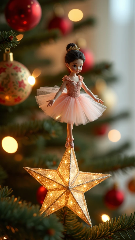 Tiny fairy, with a slightly chubby body, stands atop a music box, clad in pink circus attire, depicted in realistic detail, captured in full lens resolution