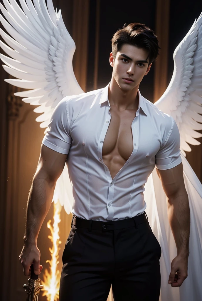 Describir en detalle la figura de un hombre, Archangel with angelic features turned completely to the left. torso denudo, grandes musculos, Como el pelo blanco, largo y liso, Las alas blancas y angelicales en su espalda, as well as its extremely striking beauty, encanto, The elegance and the angelic feeling that emanates from it. Imagine it on a stage with a white background, bathed in a radiant light, and explores how these elements combine to create a captivating, heavenly image.. (Hombre)