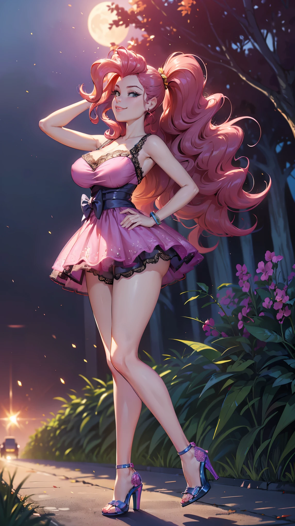 pinkie pie de My Little Pony , Pinkiepie when , slender body , ((((( original hair style ))))) ,(((wind blowing))), open air ,(((night))) , ((( cherry jungle in the background ))) , ((( runway toward the spectator ))), (((posing))),((( wearing a short transparent lace dress revealing and naked))) , (((erotic ))), ((( evil smile))) , visible breasts , (((Wear high heels ))) , pubic hair ,feet , full body is visible , bracelets , big breasts , lush breasts , voluminous breasts , voluminous breasts ,((( look at the viewer ))), (((eye contact))), ((( high quality))) , ((( detailed))) ,((( lifts her skirt ))) ,((( I can see her panties ))) , your back , Back view