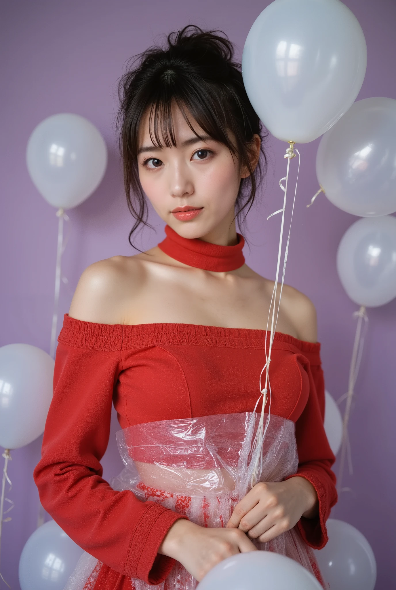 masterpiece of the highest quality, H very detailed background,  High Quality ,Standing in the middle of a bunch of white balloons、 fashion portrait photo of a beautiful young woman from the 60s wearing a red turtleneck taken with a Hasselblad medium format camera, Shot on Hasselblad medium format camera 128k Female model , Big Breasts, Eye , ((Random short hair styles)), high definition , upper body, no background, studio lighting, ((8k,high definitioait , Cinematic Light, beautiful details , blanking, embarrassed , (Realistic skin:1.2), (最 High Quality :1.4), super detailed, High Quality , (Cute off-the-shoulder race maid latex costume:1.6), frills, race, indoor, (((bokeh))), depth of writing, view from below ,alone,Please Saran Wrap 　Hide your chest　Advertisement for startup games for women. young startup CEO portrait . Violet Background.,crop shirt underboob, bare shoulders,Tight Tops