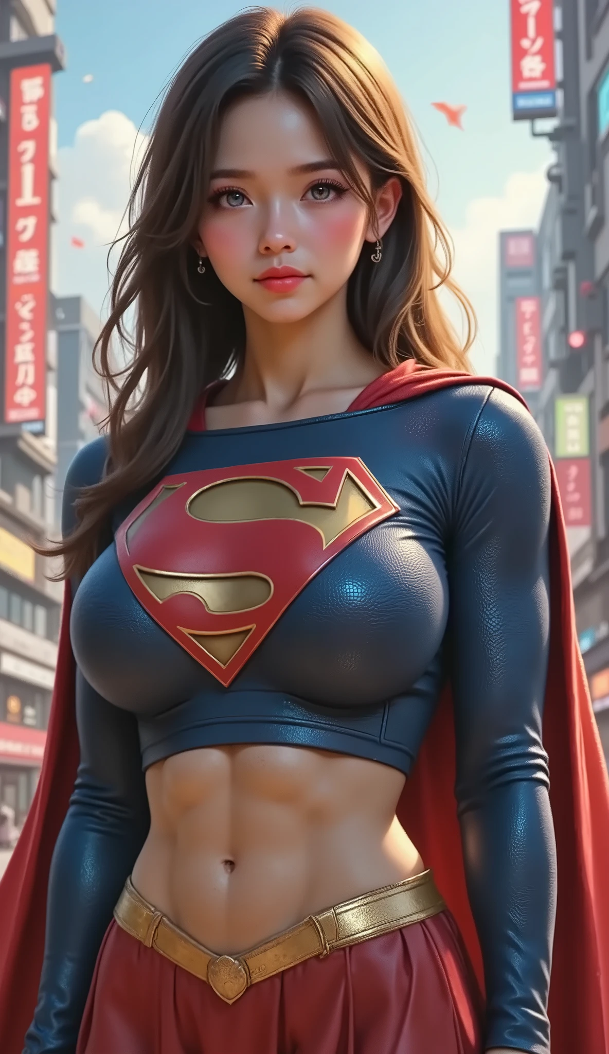 FULL VIEW OF A LIGHT BLUE EYED ASIAN SUPERGIRL, WEARING A SUPERGIRL COSTUME AND CAPE, STANDING POSE, streaked hair, BLUE eyes, colored eyelashes, puckered lips, textured skin, super detail, high details, high quality, best quality, 4K, 8k. TOKYO BACKGROUND.