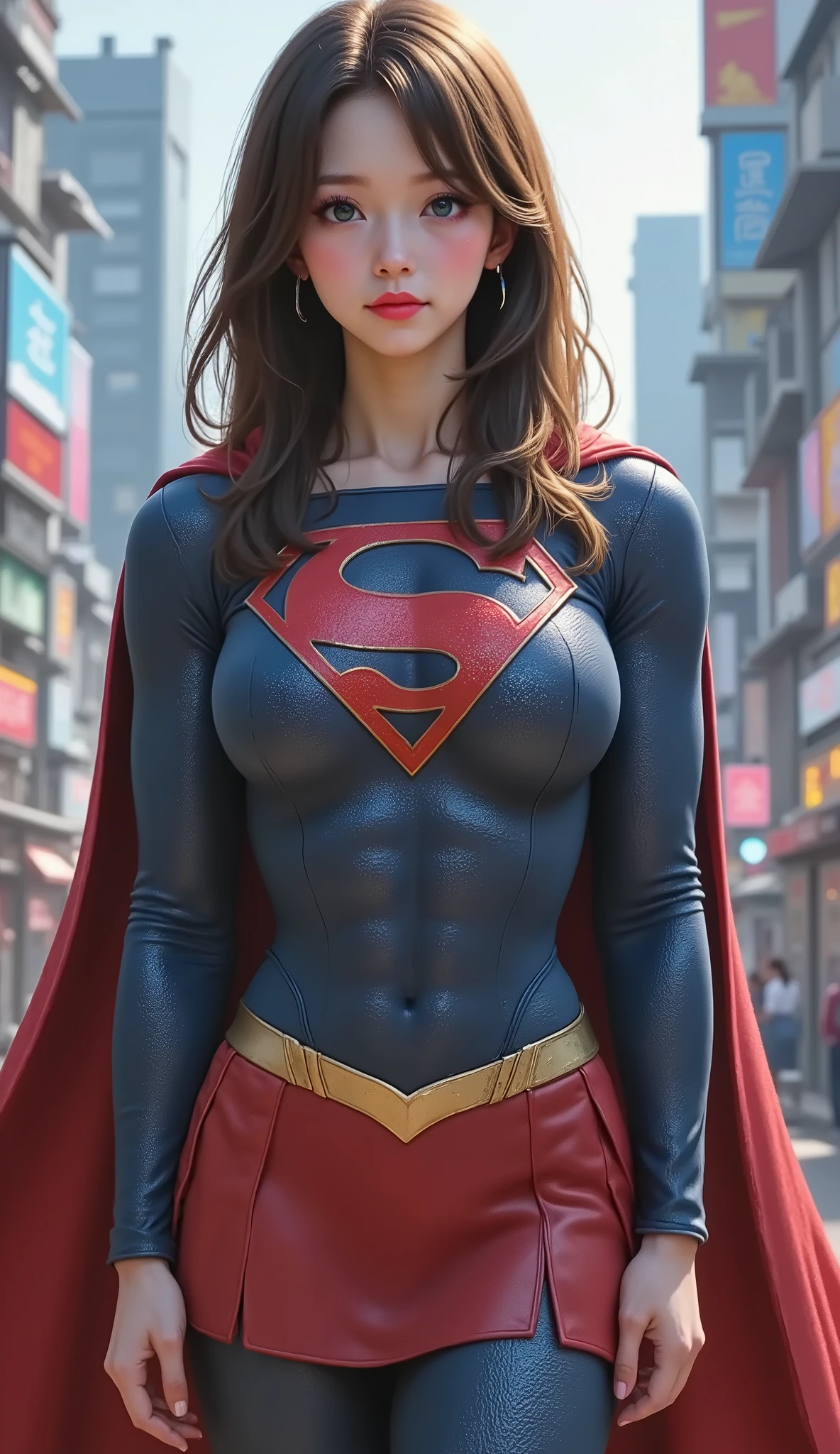 FULL VIEW OF A LIGHT BLUE EYED ASIAN SUPERGIRL, WEARING A SUPERGIRL COSTUME AND CAPE, STANDING POSE, streaked hair, BLUE eyes, colored eyelashes, puckered lips, textured skin, super detail, high details, high quality, best quality, 4K, 8k. TOKYO BACKGROUND.