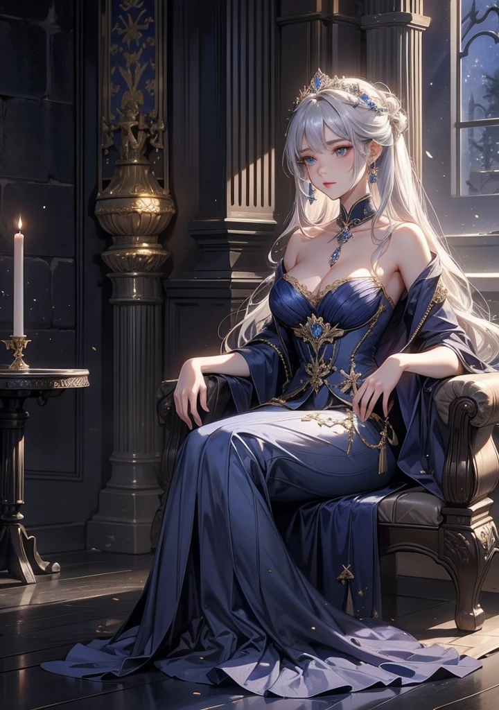 (((((middle-aged women))))), masterpiece, super detailed, 8K portrait, RAW photo, female portrait photography, highly detailed face, ((fantasy)), ((adult)), (((Bewitching Queen))), ((silver tiara)), tight eyes, (((No expression))), ((brown skin)), (((Blue-gray hair))), (((amount))), Place your hands on the armrests, Cross your legs and lean on the throne, (((silver silk long cloak))), (((Gorgeous deep blue long gloveidnight, by the moon, surreal, slender body, In the Devil's Castle Audience Room, moonlight illumination, shadow details , Focus the camera on the thigh, strong wind, light fog