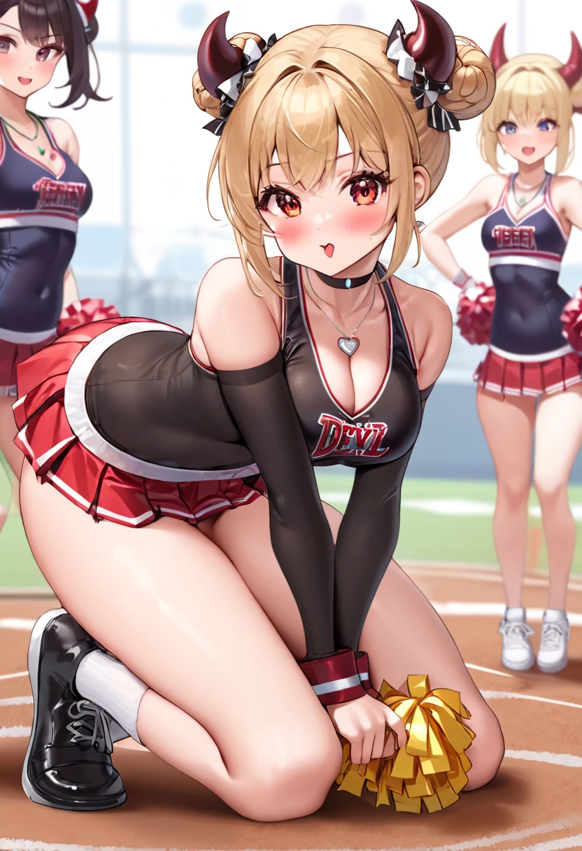 (high quality1.4), (finely detail:1.4),nsfw, 1 girl, megumin, brown hair, short hair with long locks, red eyes, (small ), (erectilples), (( gold cheerleader)), ((pleated skirt)), cameltoe, anus, blush,((very ht stadium:1.4)), ((solo)), (masterpiece, best quality, 8k:1.4),